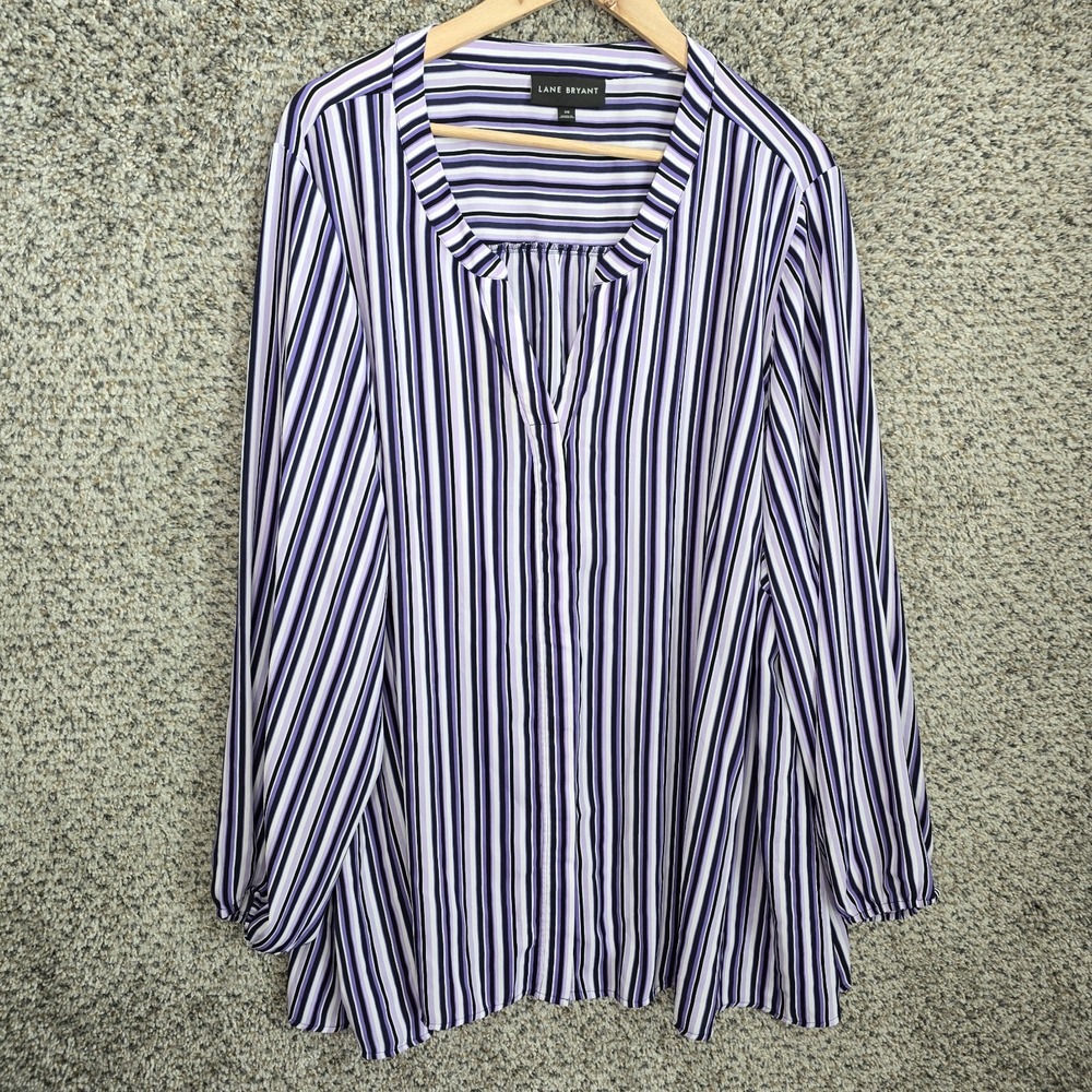 Lane Bryant Top Womens Plus 28 Purple Striped V Neck Button Up Blouse Sheer